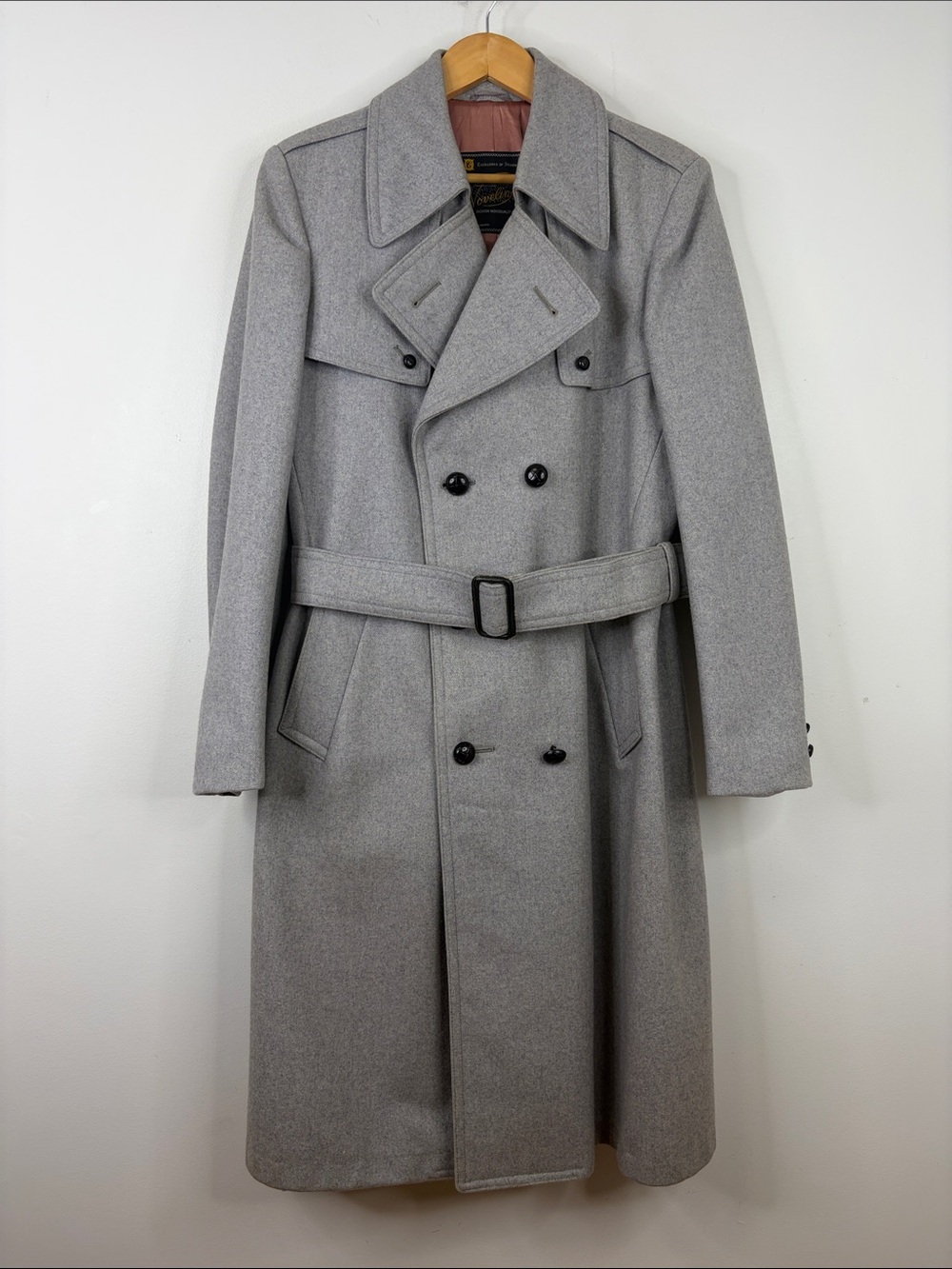 Vintage Overcoat Mens 40 Light Gray Wool Double Breast Trenchcoat Jacket 80s